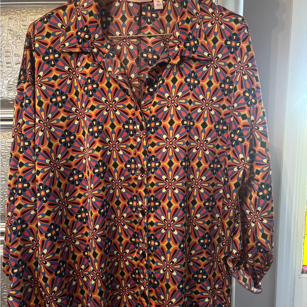 Willow Orange and Red Blouse with Bold Geometric Design